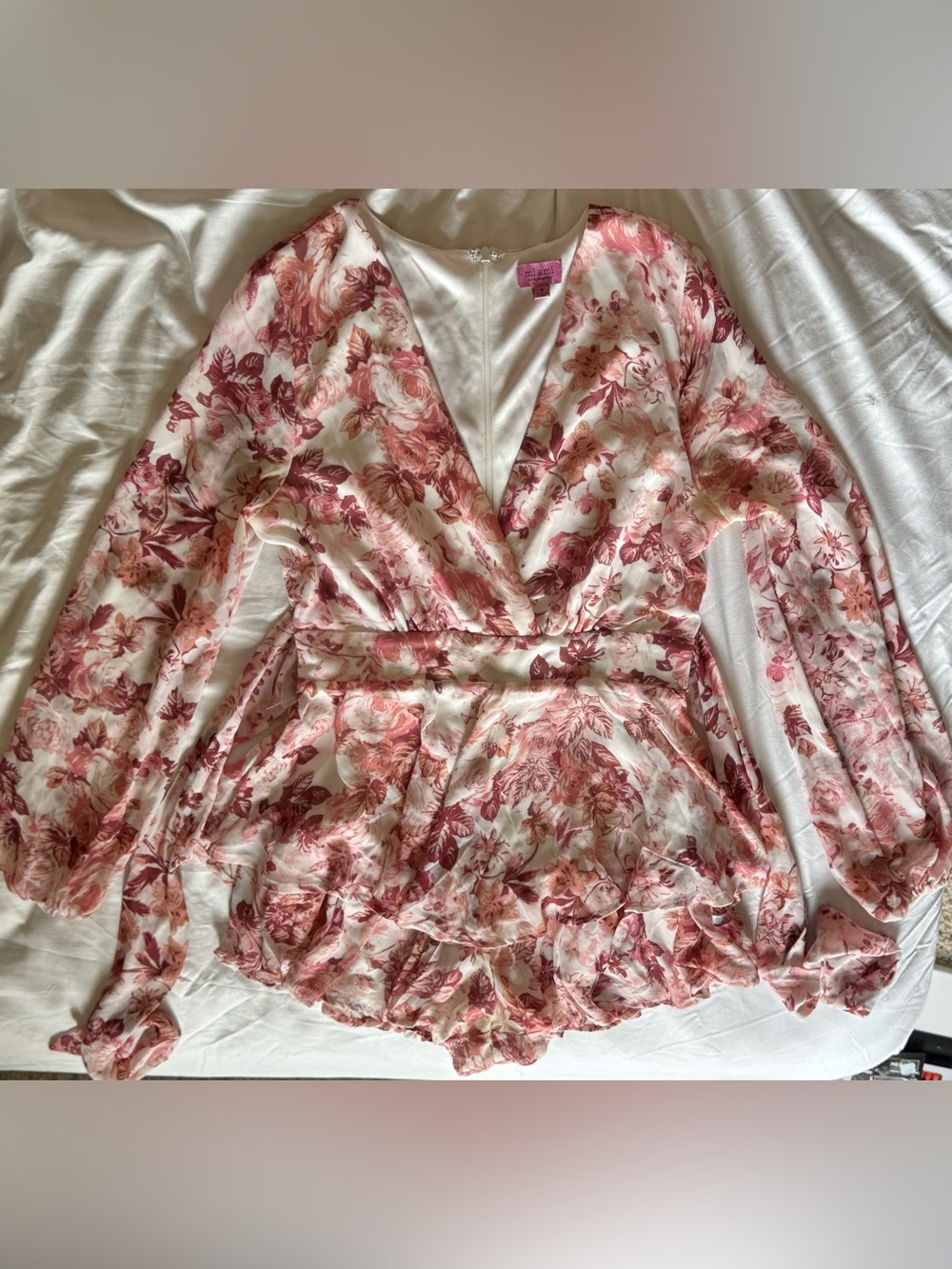 Francesca's Sub-brand Mi Ami Cream Floral Wrap Romper with Rose Accents